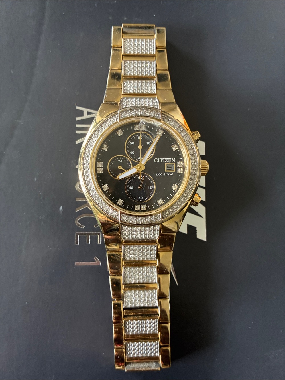 Citizen Gold-Tone Men’s Chronograph Watch with Black Dial and Crystal Accents